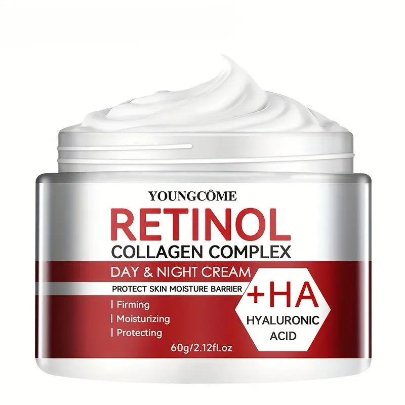 Crème visage au rétinol, collagène et acide hyaluronique – Élimine les cernes, réduit les rides, illumine et adoucit la peau.