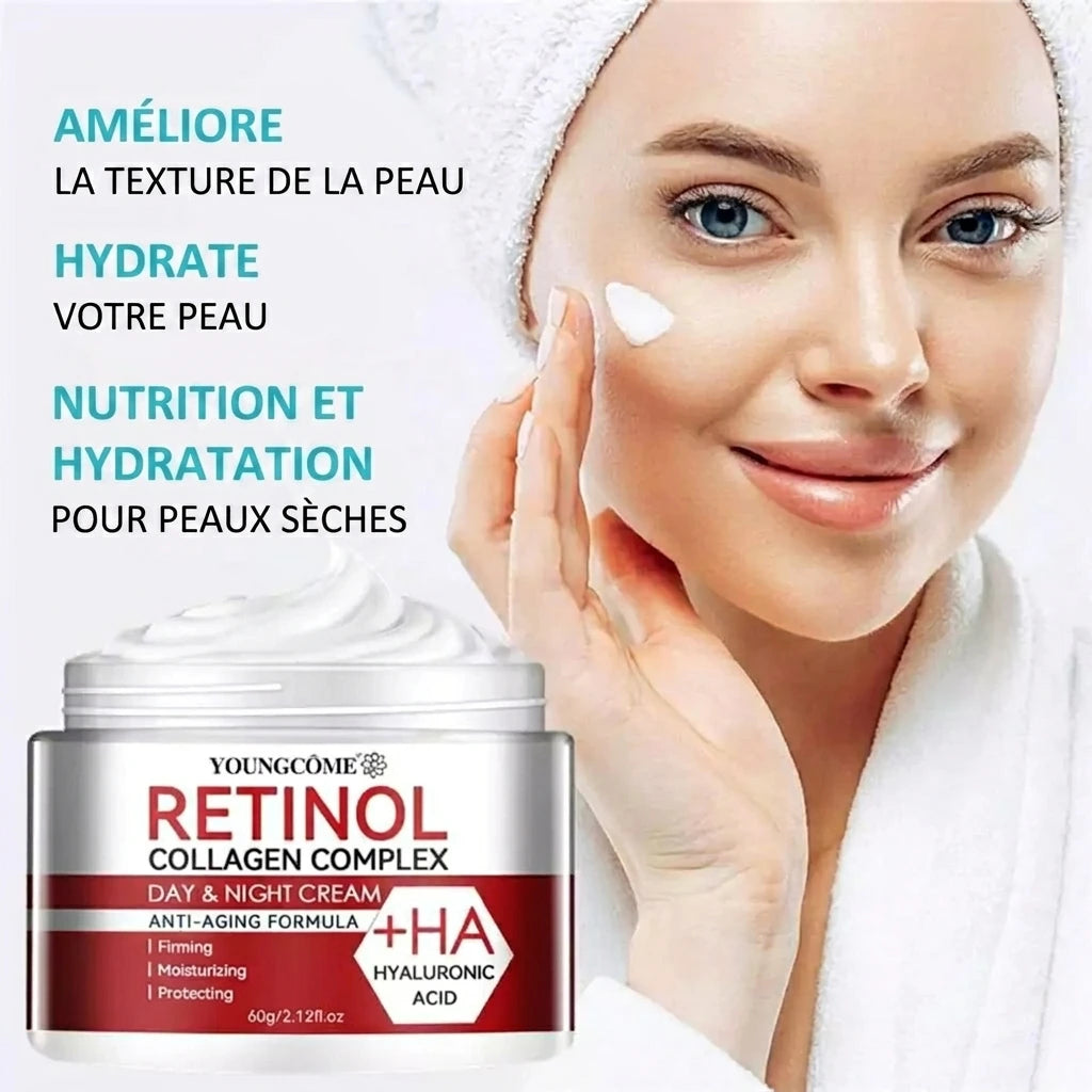 Crème visage au rétinol, collagène et acide hyaluronique – Élimine les cernes, réduit les rides, illumine et adoucit la peau.
