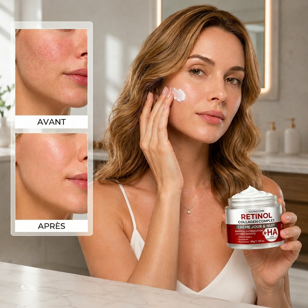 Crème visage au rétinol, collagène et acide hyaluronique – Élimine les cernes, réduit les rides, illumine et adoucit la peau.
