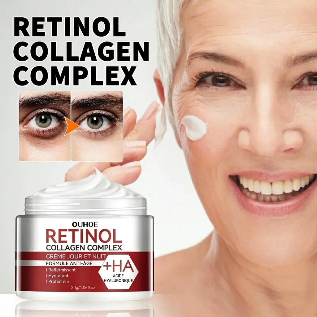 Crème visage au rétinol, collagène et acide hyaluronique – Élimine les cernes, réduit les rides, illumine et adoucit la peau.